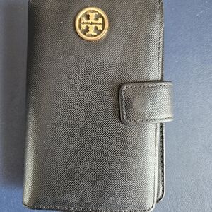 Tory Burch Black Leather Wallet Phone Case with Gold Logo Accent